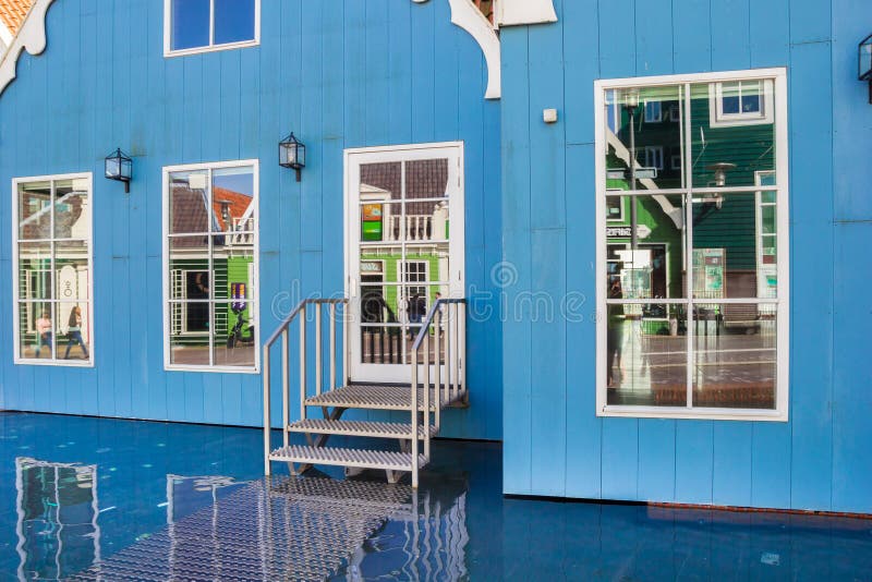 Blue House Standing in the Water in Zaandam Editorial Stock Photo