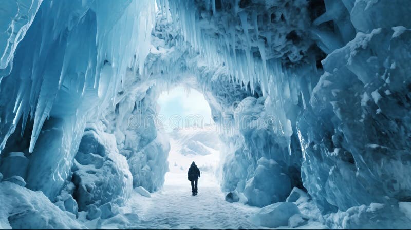 Blue ice cave covered with snow. Generative AI.