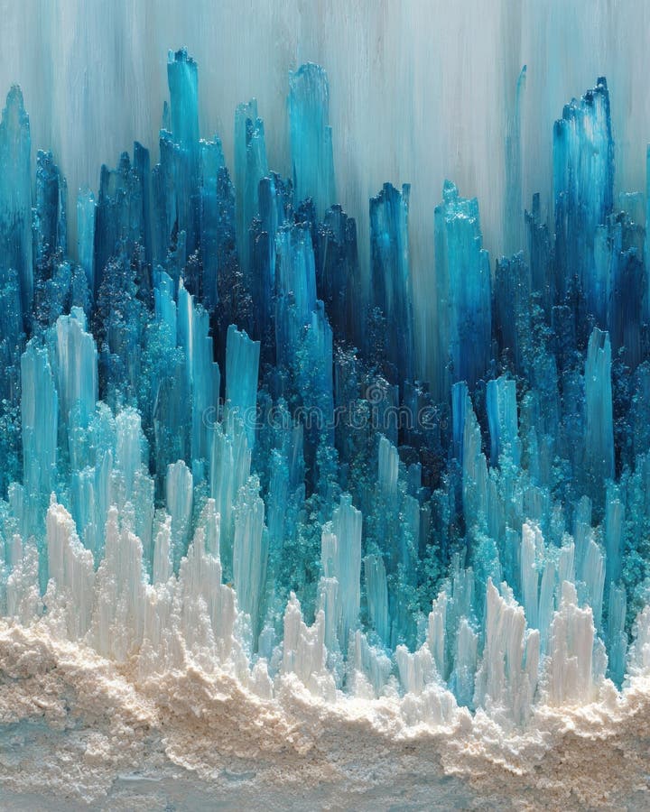 Blue ice crystal formations with vertical mineral texture and frosted abstract background stock illustration
