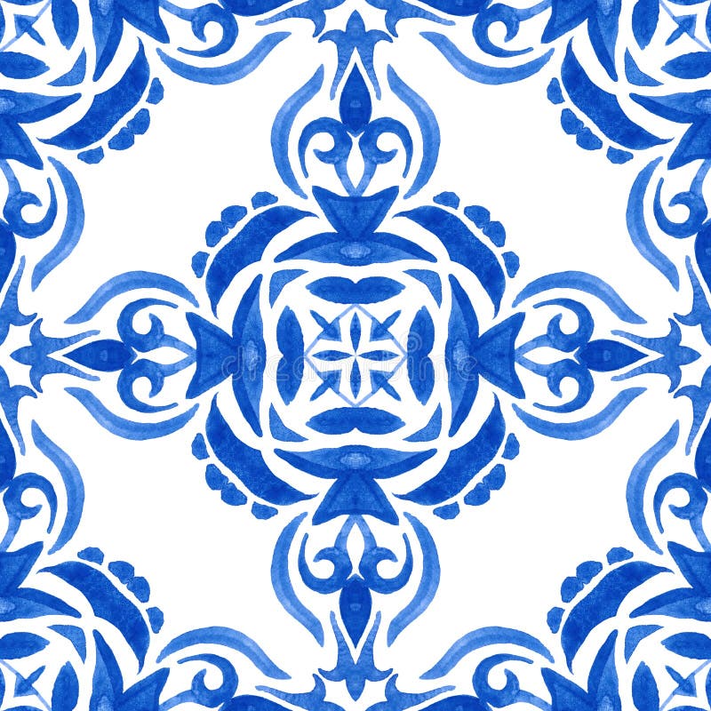 Blue Indigo Watercolor Hand Painted Damask Pattern Seamless. Azulejo ...