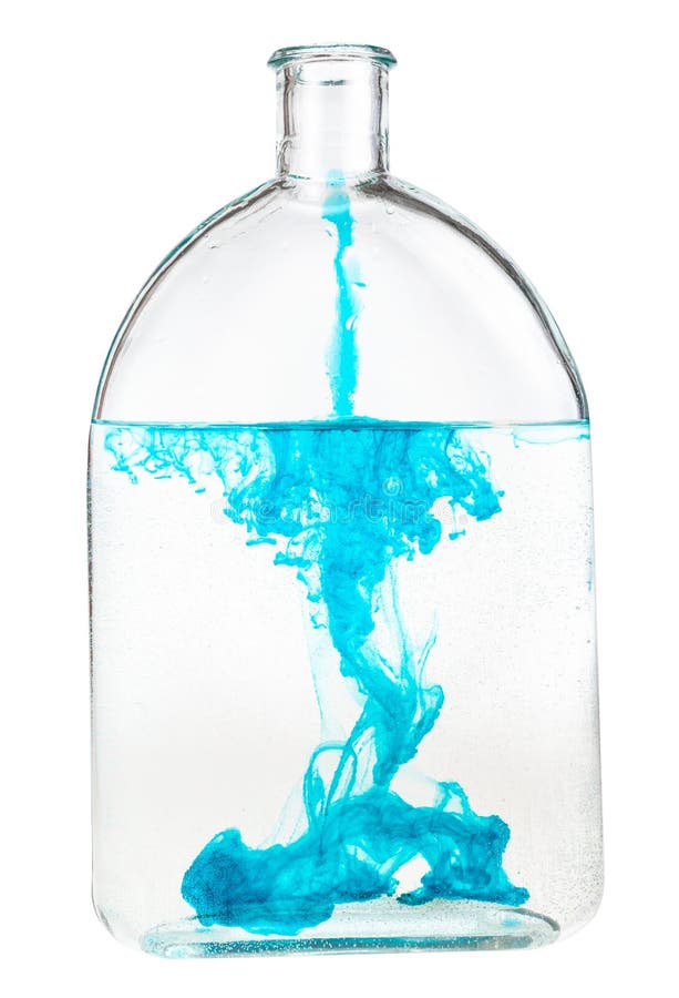 Blue ink dissolves in water in bottle isolated