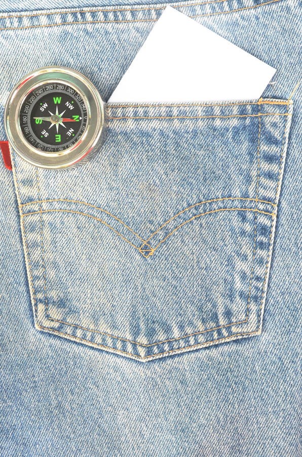 Blue Jean with Paper and Compass in the Pocket. Stock Image Image of