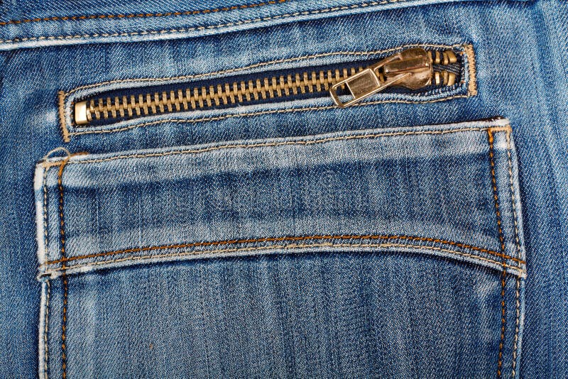Detailed Texture: Back Pocket With Zipper Of Black Jeans Stock