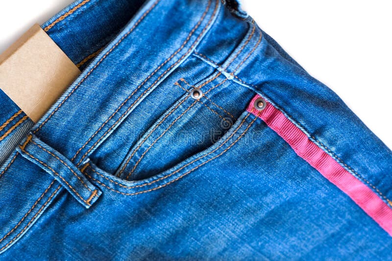 Blue Jeans Detail with Empty Pocket and Red Stripe. Stock Image - Image ...