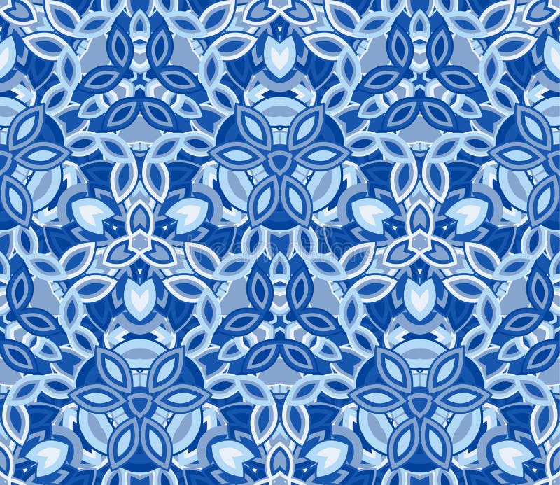 Blue kaleidoscope seamless pattern, background. Composed of abstract shapes.