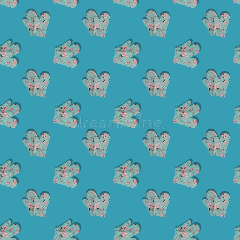 Blue Kitchen Gloves with Shadow on Blue Background Seamless Pattern