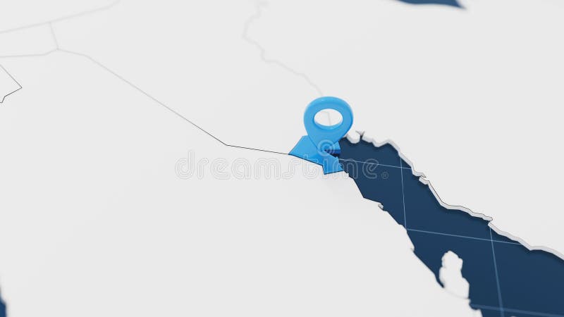 Blue Kuwait 3d map with pointer pin surrounded with other countries in white. Political map with borders. 3d render stock illustration