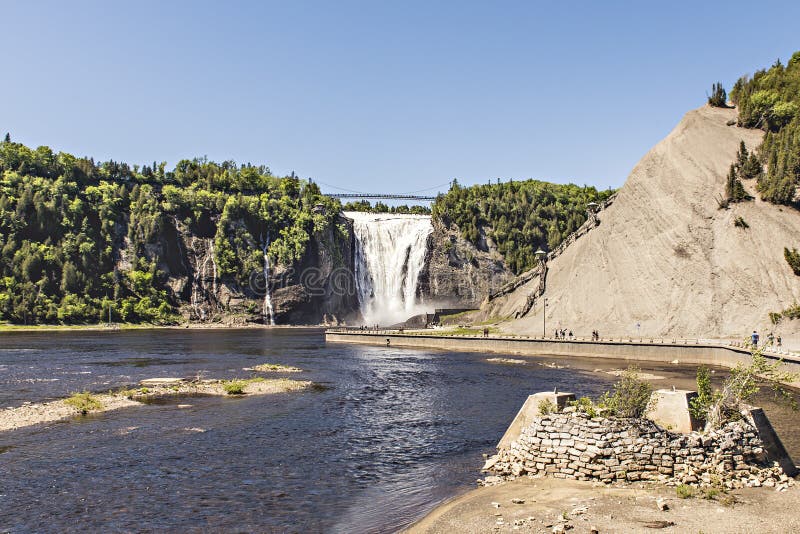 Blue Lake and Powerful Waterfall Montmorency in Montmorency Falls Park