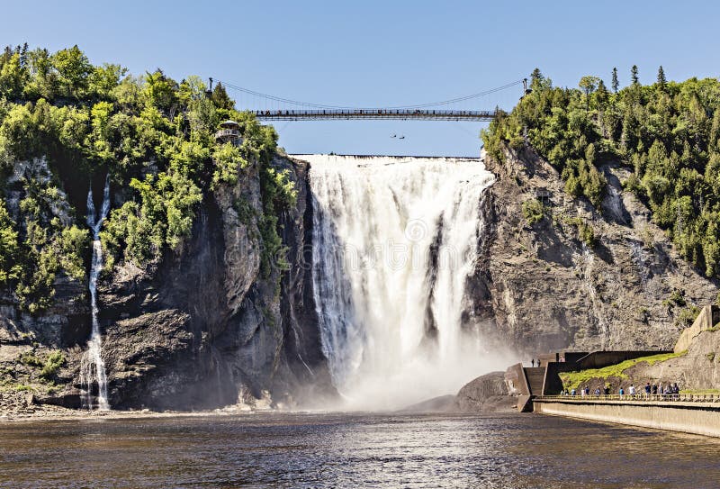 Blue Lake and Powerful Waterfall Montmorency in Montmorency Falls Park