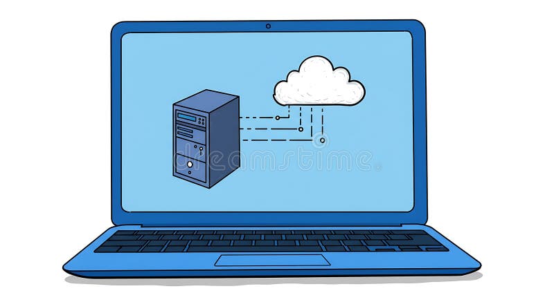Blue laptop displaying a diagram on its screen. The diagram shows a computer vector illustration