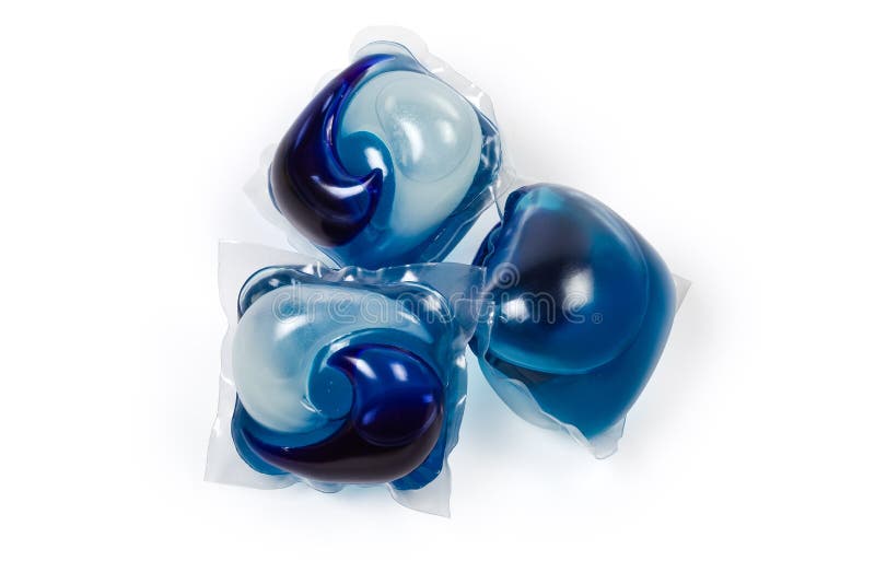 Blue Laundry Detergent Pods on a White Background Stock Photo Image