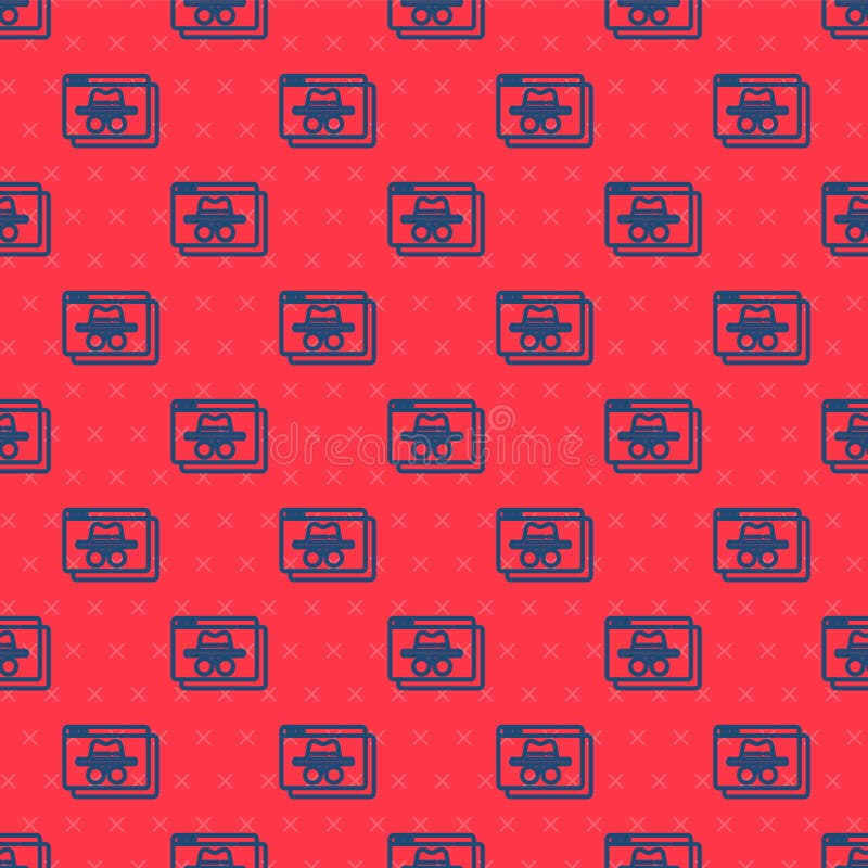 Blue line Browser incognito window icon isolated seamless pattern on red background. Vector royalty free illustration