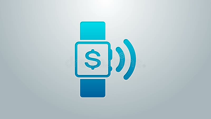 Blue line Contactless payment icon isolated on grey background. Smartwatch with nfc technology making wireless stock illustration