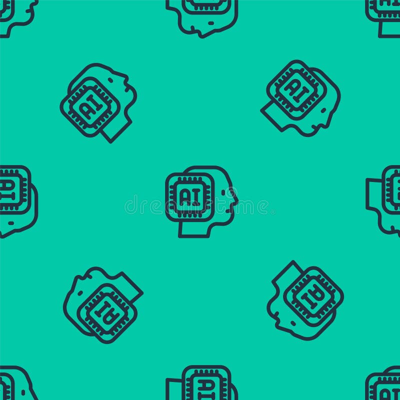 Blue line Humanoid robot icon isolated seamless pattern on green background. Artificial intelligence, machine learning stock illustration