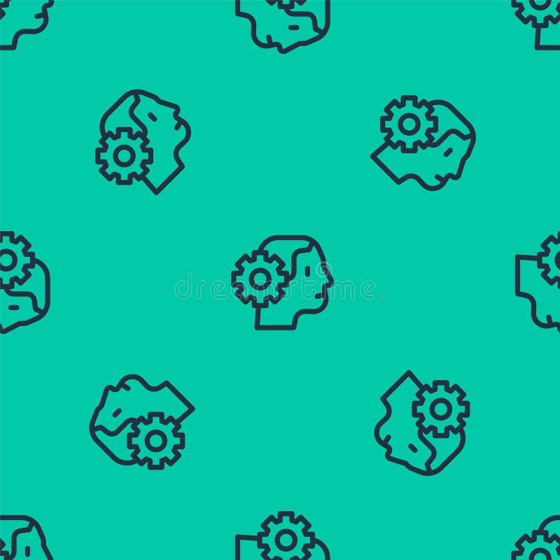 Blue line Humanoid robot icon isolated seamless pattern on green background. Artificial intelligence, machine learning royalty free illustration