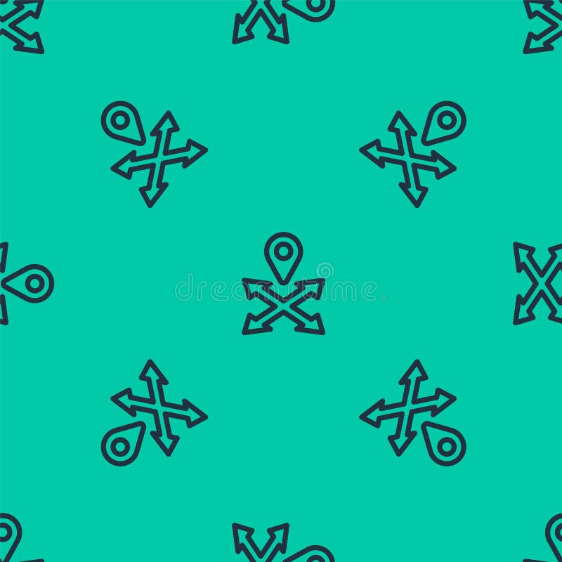 Blue line Map pin icon isolated seamless pattern on green background. Navigation, pointer, location, map, gps, direction royalty free illustration