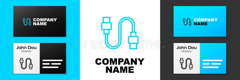 Blue line USB cable cord icon isolated on white background. Connectors and sockets for PC and mobile devices. Logo stock illustration