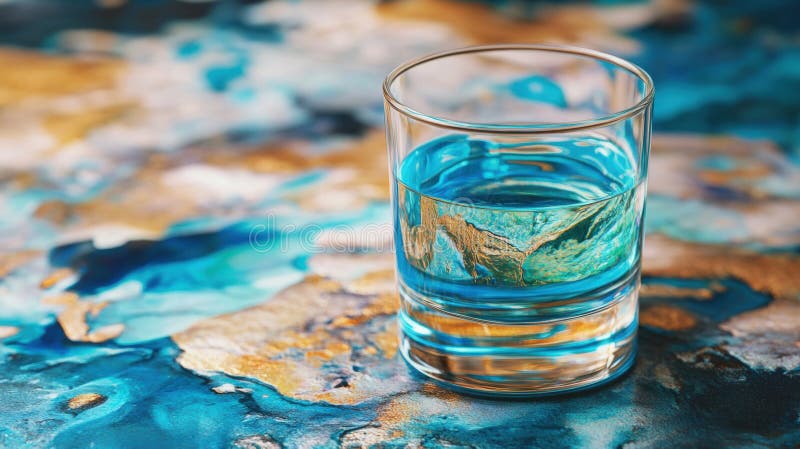 Blue liquid in glass with map creating a modern and abstract concept royalty free illustration