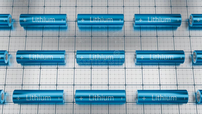 Blue lithium-ion batteries on technological metal background. 3d render. vector illustration