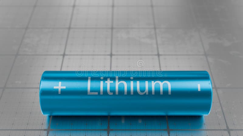 Blue lithium-ion battery with positive and negative contacts on technological background. 3D render. stock illustration