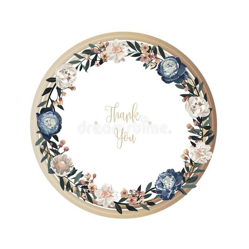 Blue luxury floral greeting card with white, green and purple flowers on white background and wooden circle frame