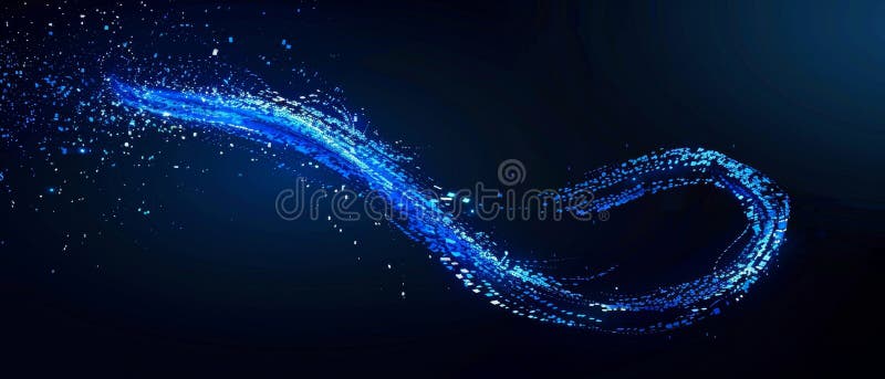 Blue magic glowing light infinity sign swirl trail on black background. Blue neon glitter fire spark spiral wavy line. royalty free stock photo