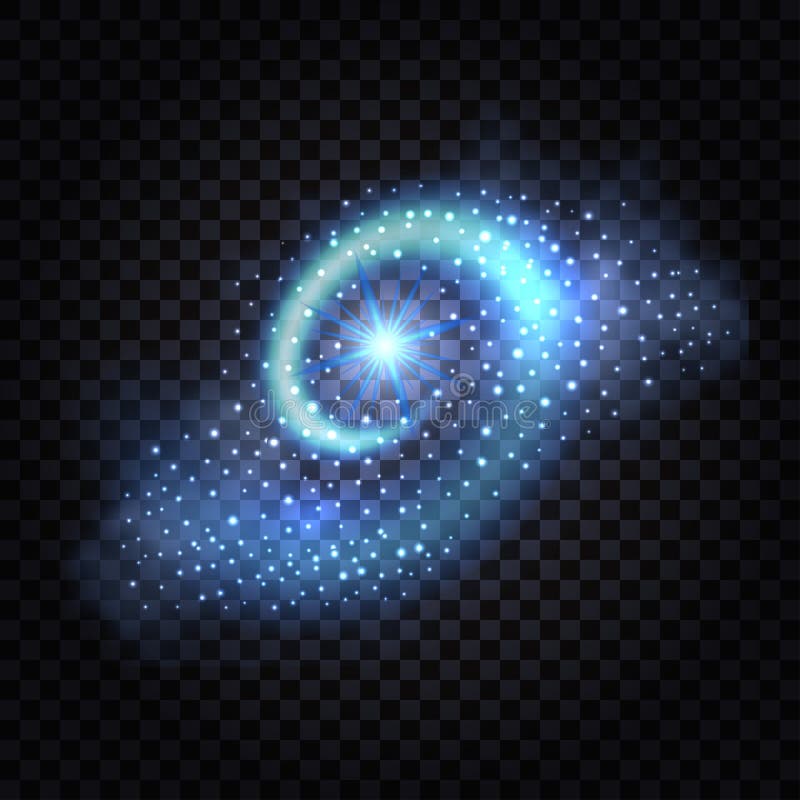 Blue magic light swirl. Abstract glowing spiral wave with light effect and stardust shiny sparkles on transparent background. vector illustration Blue magic light swirl. Abstract glowing spiral wave with light effect and stardust shiny sparkles on transparent background. vector illustration