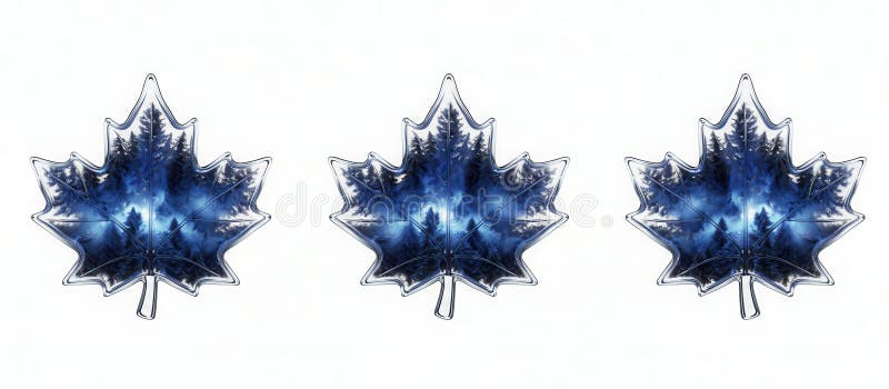 Blue maple leaves arranged in a repeating row with dark forest silhouettes inside stock illustration