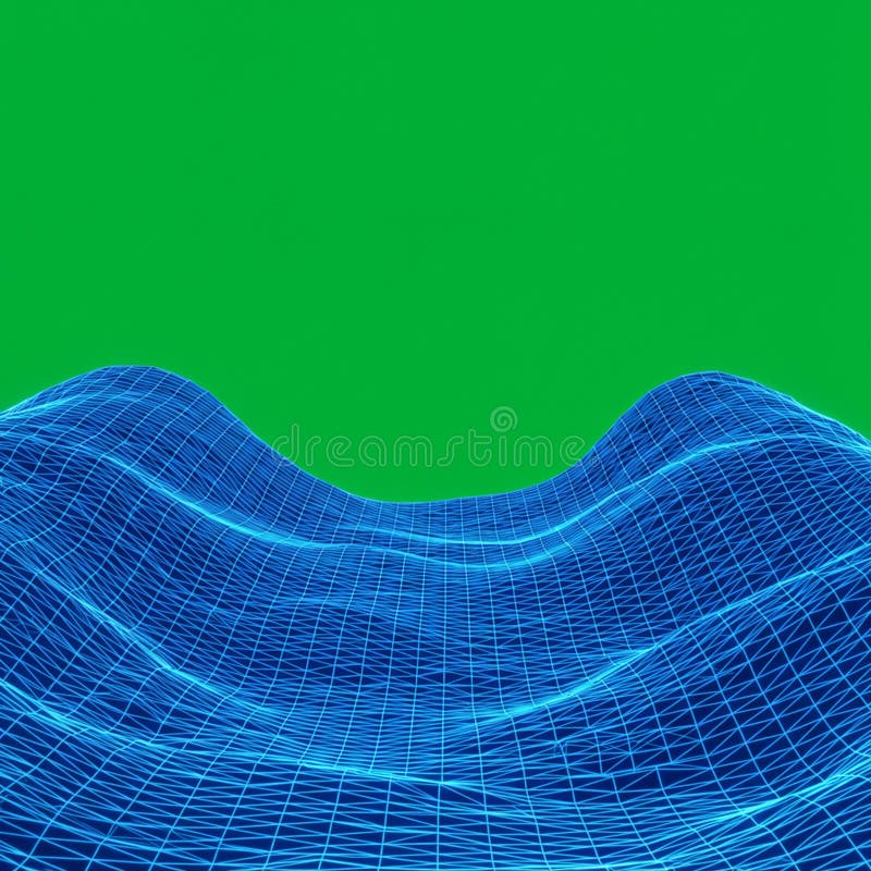 Blue mesh grid forms a wavy surface against a vivid green background. The grid stock illustration