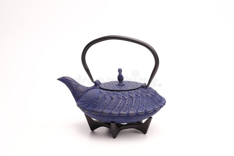 Blue Metal Castiron Traditional Teapot on White Background. Stock
