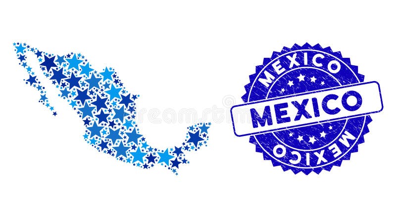 Blue Star Mexico Map Mosaic and Textured Stamp vector illustration