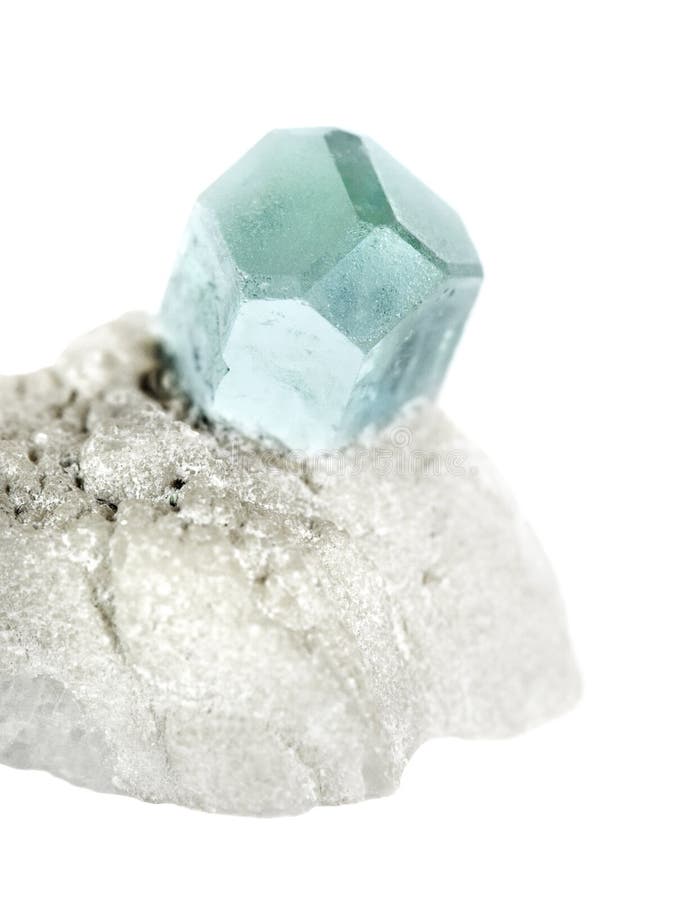 Blue mineral Beryl known as Aquamarine gemstone from Afghanistan, in an white albite matrix isolated on a white background