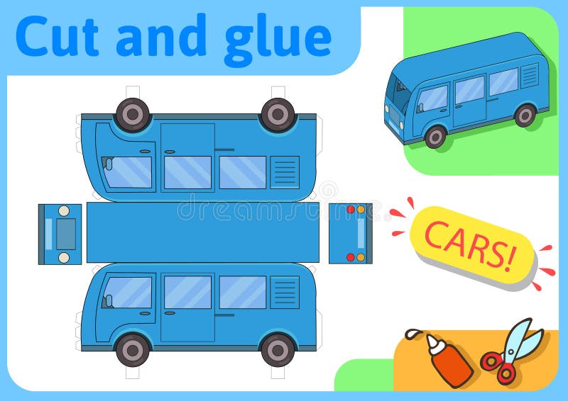 Blue minibus paper model. Small home craft project, paper game. Cut out, fold and glue. Cutouts for children. Vector