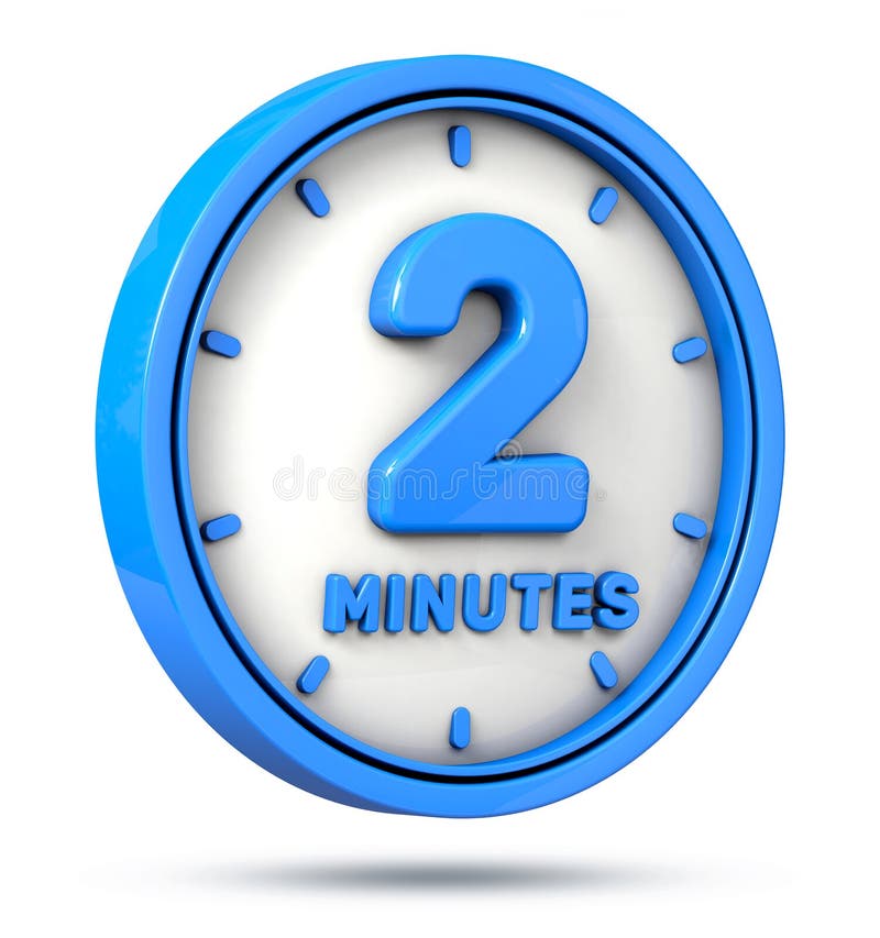 Blue 2 Minutes on White Background. 2 Min Logo. 3d Illustration. Stock