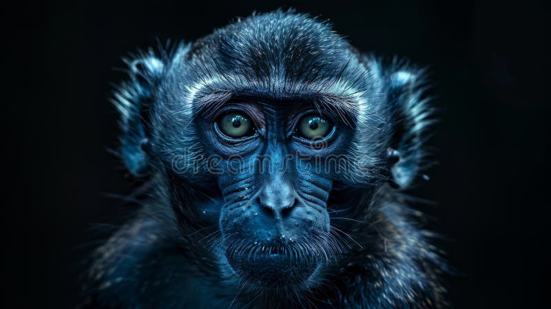 Blue monkey with intense gaze in dark background royalty free stock photo