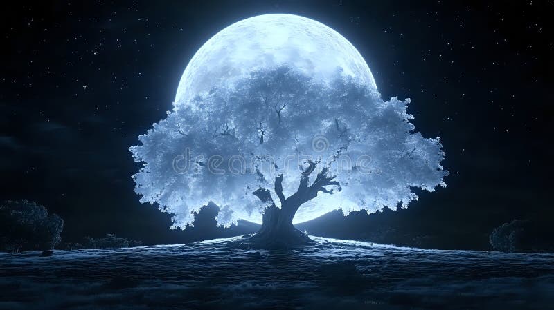 Blue Moon and Ancient Tree vector illustration