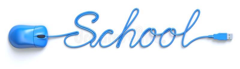 Blue mouse and cable in the shape of School word stock illustration