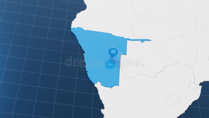 Blue Namibia 3d map with pointer pin surrounded with other countries in white. Political map with borders. 3d render stock illustration