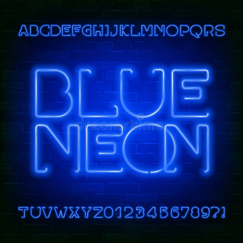 Blue Neon alphabet font. Futuristic light bulb letters and numbers on brick wall background. stock illustration Blue Neon alphabet font. Futuristic light bulb letters and numbers on brick wall background. stock illustration