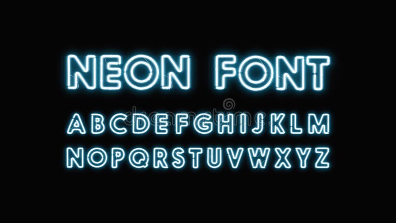 Blue neon capital letters, broken illuminated font mock up stock illustration