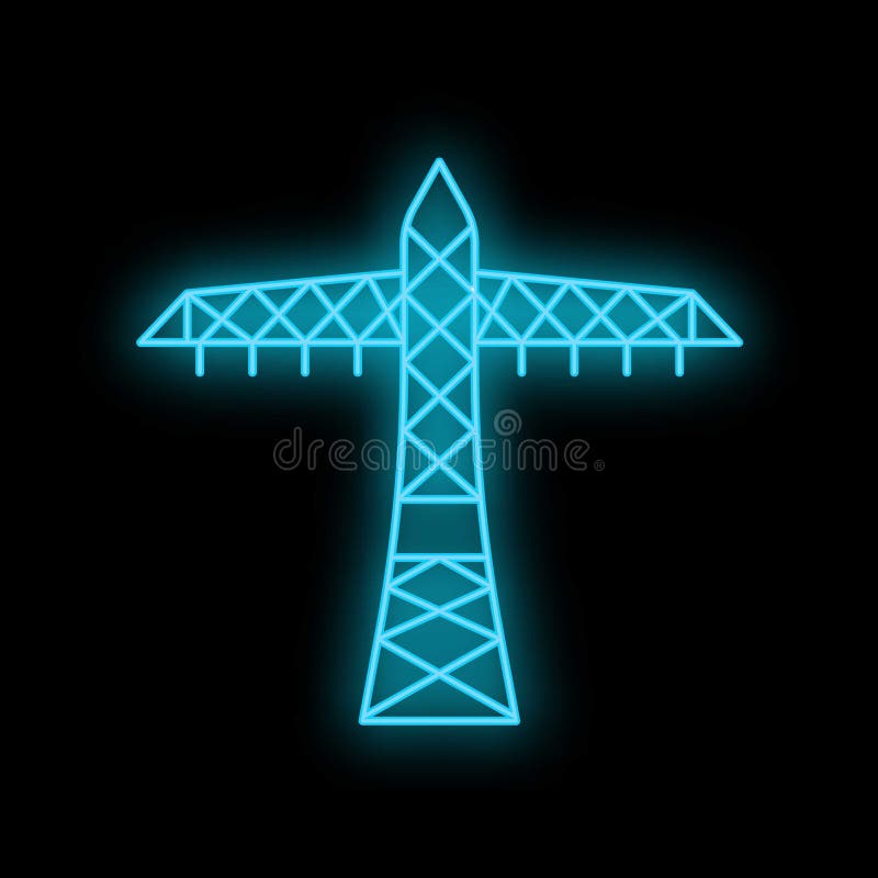 Blue neon icon of electric power line support structure on black brick wall royalty free illustration