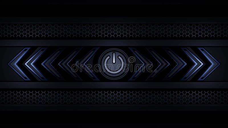 Blue Neon Power Button with Sequential Arrow Lights in Sci-Fi Black Mesh Frame vector illustration