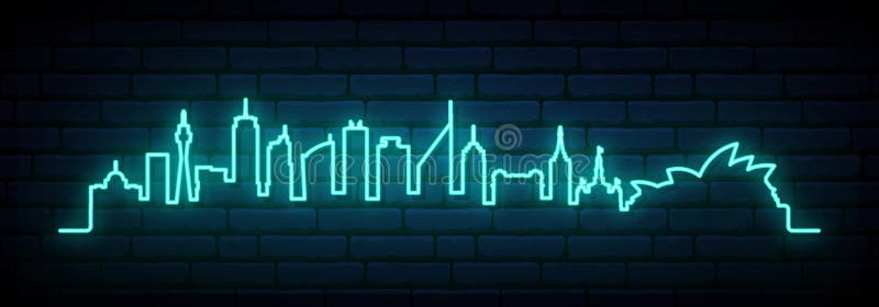 Blue neon skyline of Sydney city. Bright Sydney long banner. Vector illustration