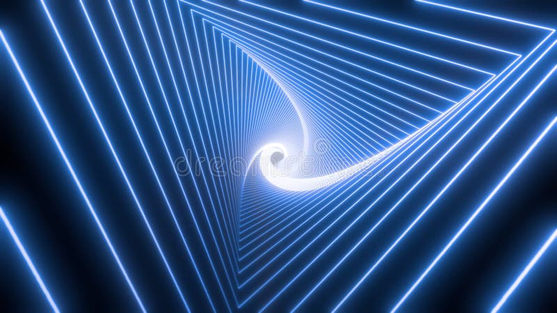 Blue neon triangular tunnel moving into the distance, neon geometric background, abstract 3D background with spectral metal glow stock illustration