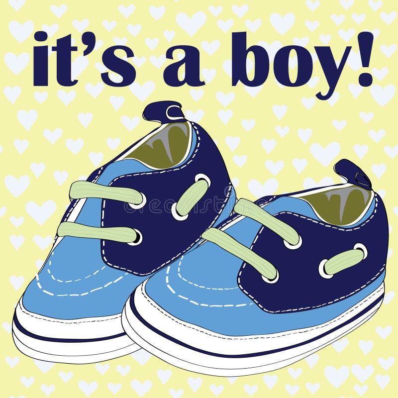 Blue newborn shoes for boy. It& x27;s a boy! Vector illustration on blue hearts on yellow pattern background