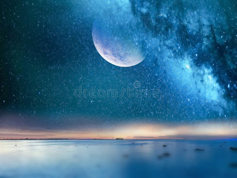 Blue night starry sky and full moon fluffy clouds ,reflection on sea water pink sunset on horizon black silhouette tree  , people