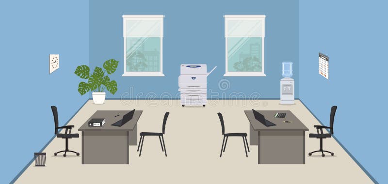 Blue office room with gray desks, black chairs, a copy machine and a water cooler, royalty free illustration Blue office room with gray desks, black chairs, a copy machine and a water cooler, royalty free illustration