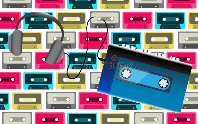 Blue old retro vintage hipster realistic portable music cassette audio player for audio cassettes from the 80`s, 90`s and headph