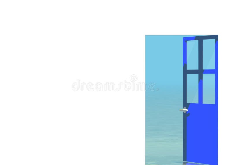 Blue open door looking to sea landscape outside