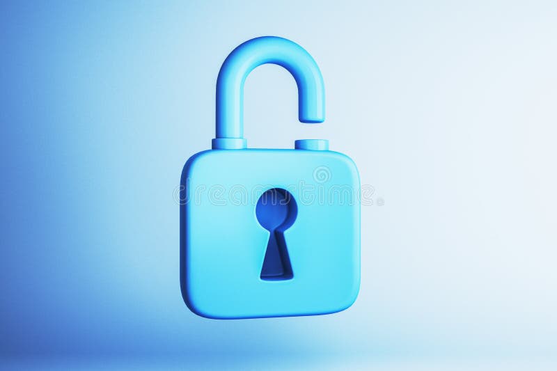 Blue open padlock icon on a light background. 3D Rendering royalty free illustration